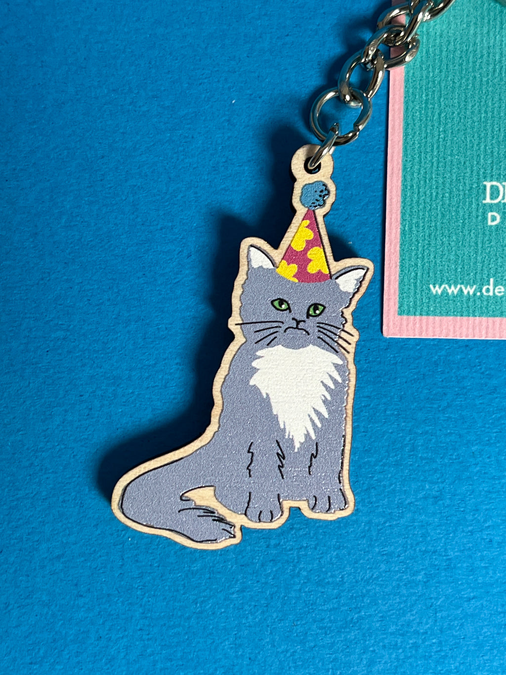 Cat in Party Hat Wooden Keyring – Cute Illustrated Design
