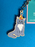 Cat in Party Hat Wooden Keyring – Cute Illustrated Design