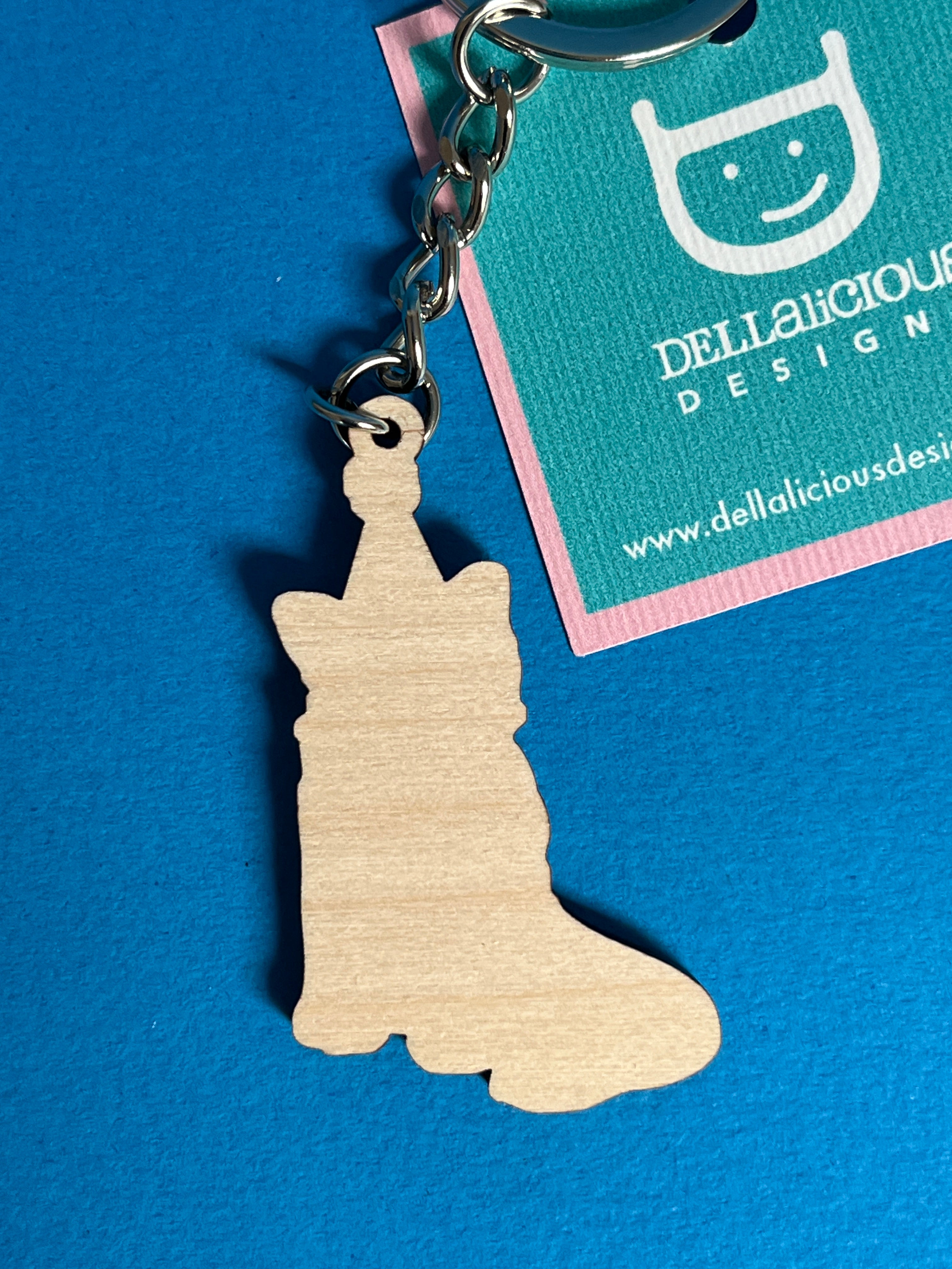 Cat in Party Hat Wooden Keyring – Cute Illustrated Design