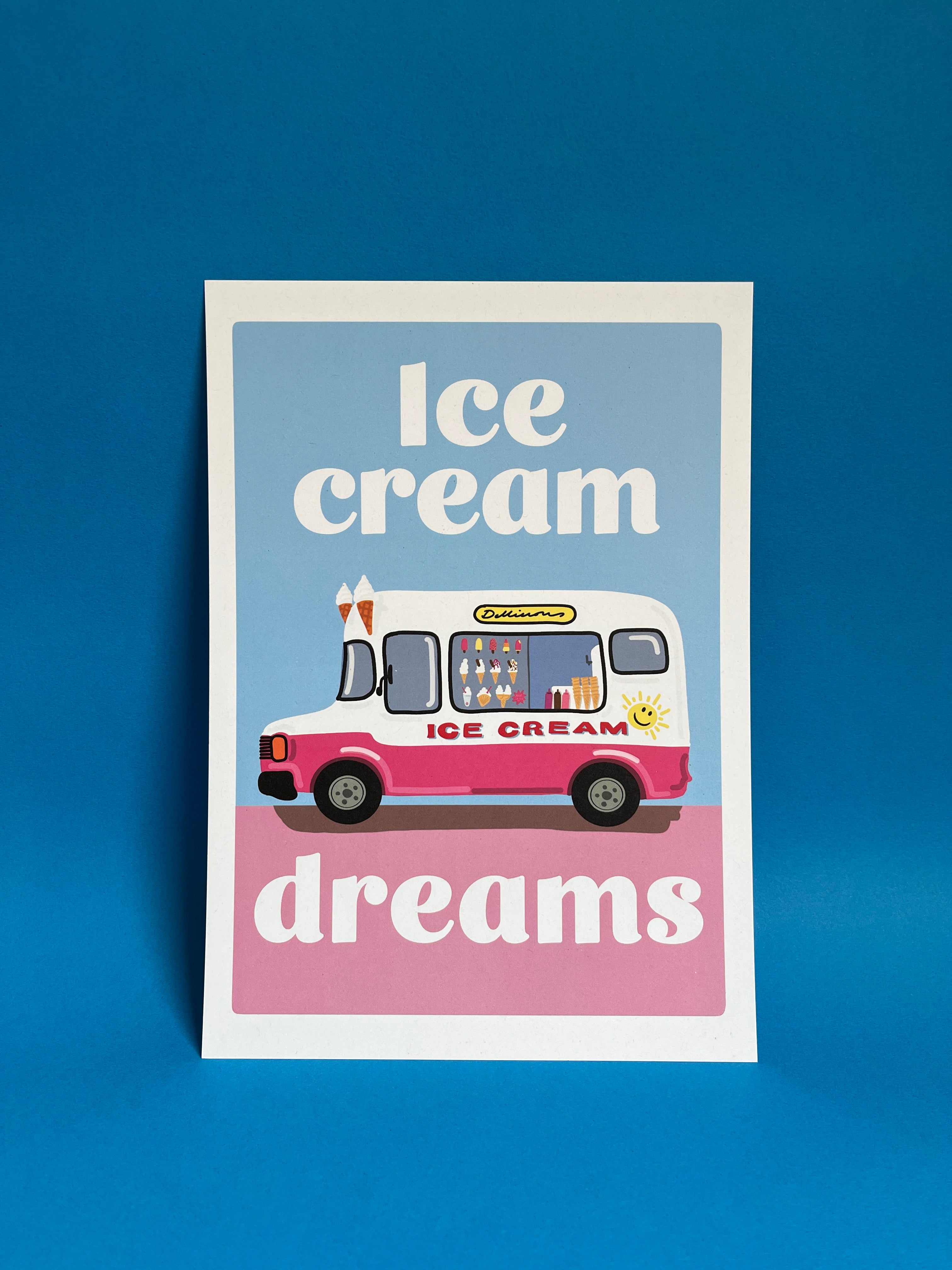 Retro Ice Cream Van A4 Art Print – Pink and Blue