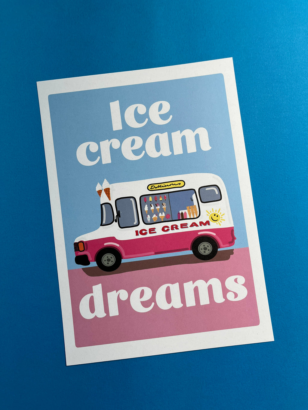 Retro Ice Cream Van A4 Art Print – Pink and Blue
