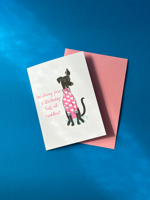 Black Dog in Pyjamas Birthday Card – Cute Illustrated Design