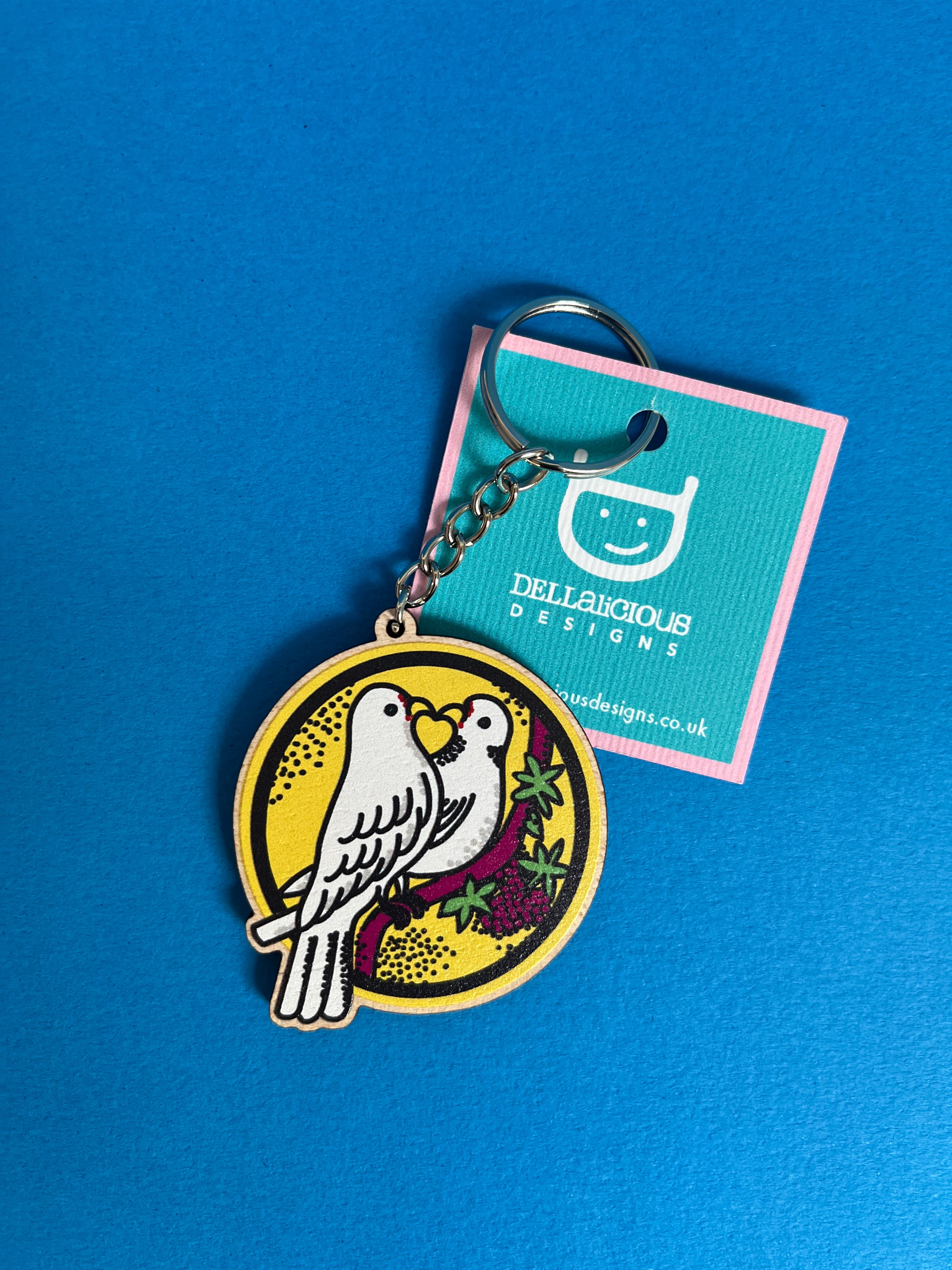 Love Birds Wooden Keyring – Dove Heart Design
