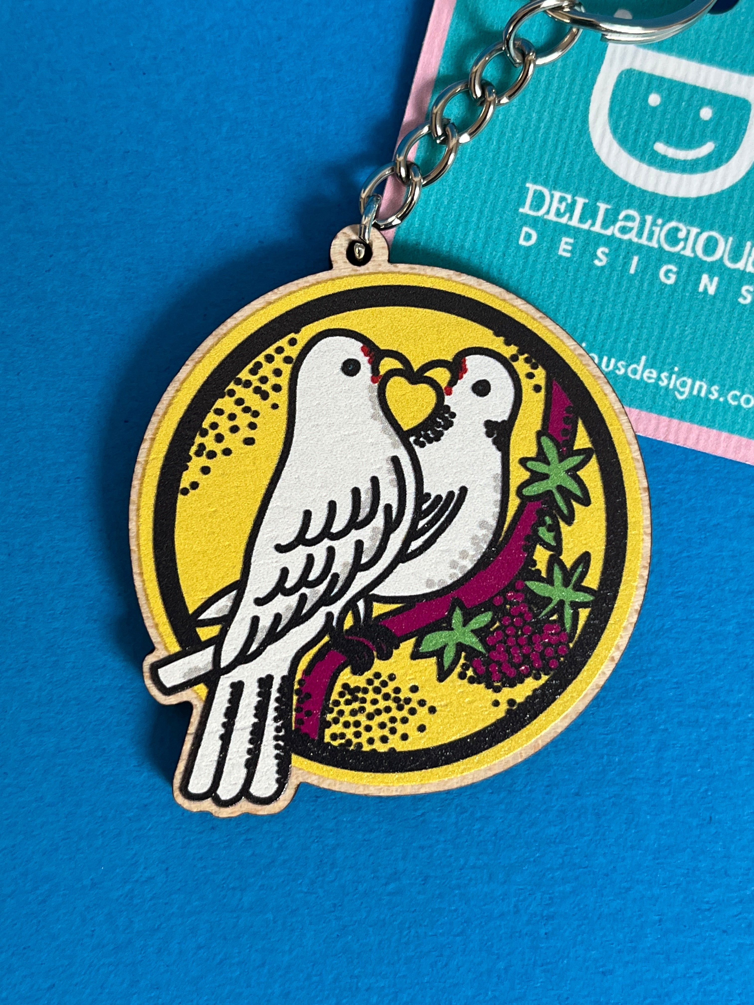 Love Birds Wooden Keyring – Dove Heart Design