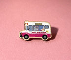 Pin of an ice cream truck on a pink background