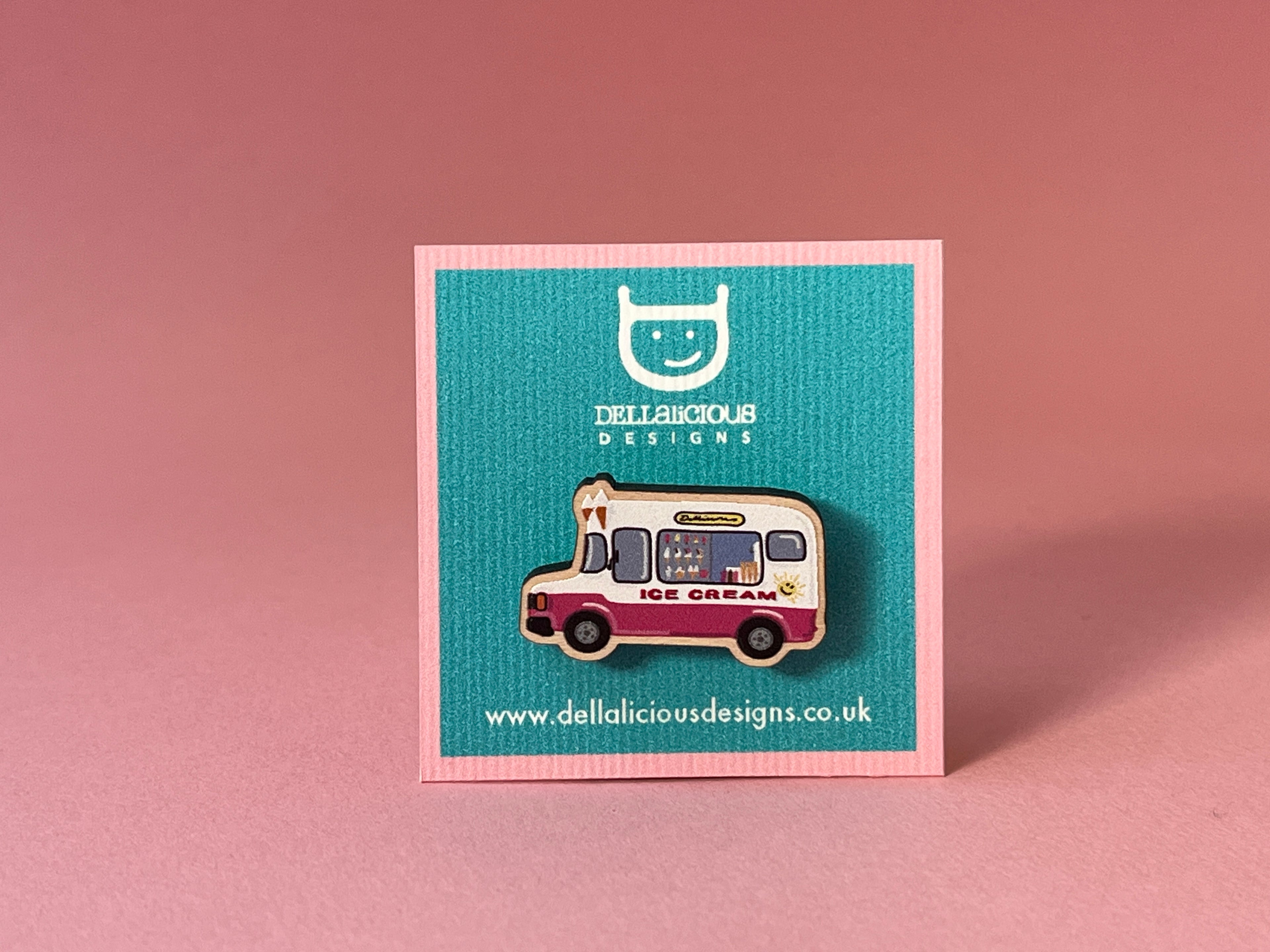 Pin with ice cream truck design on a teal card with 'Dellalicious Designs' branding.
