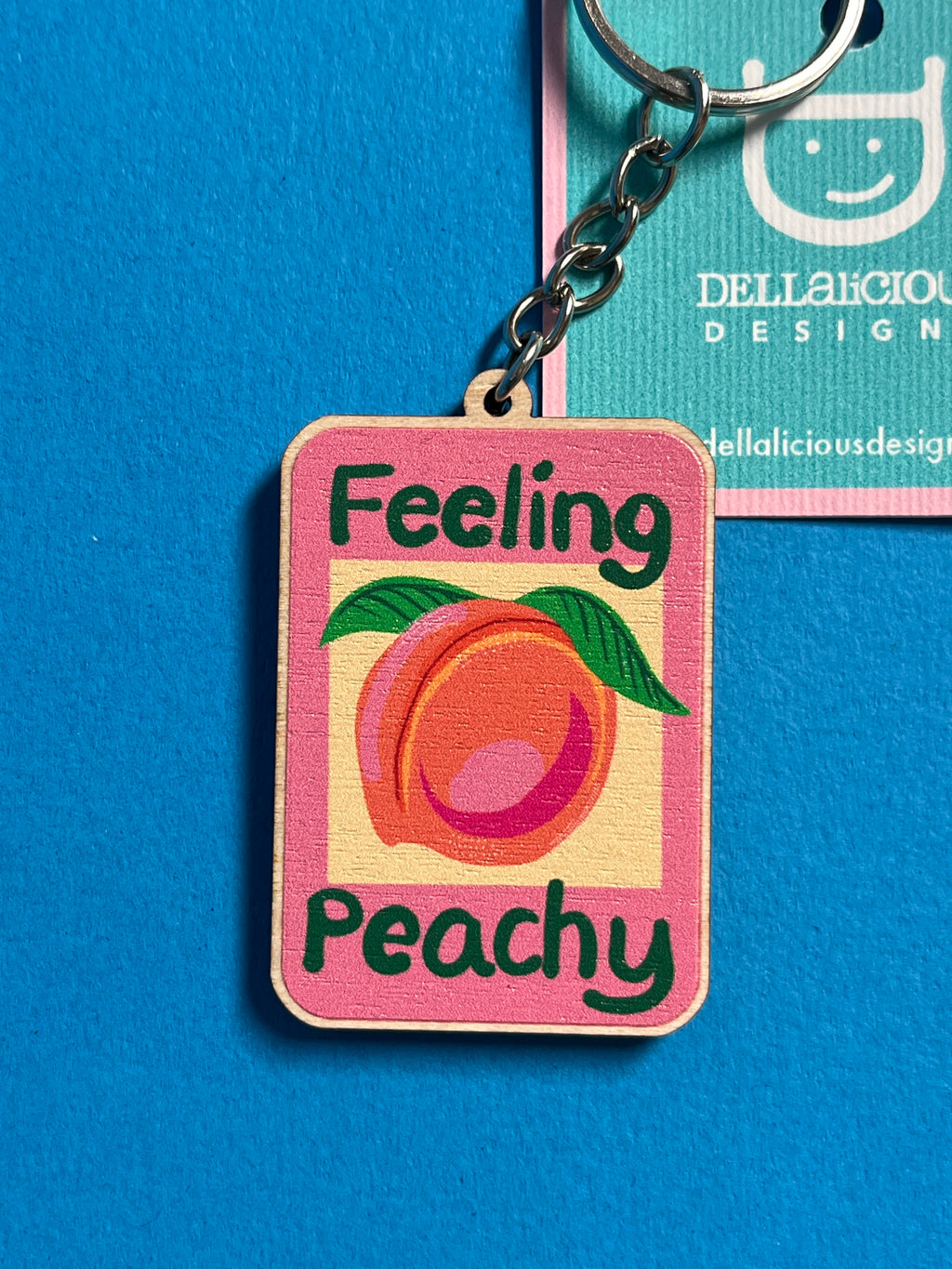 Peach Wooden Keyring – Feeling Peachy Illustrated Design