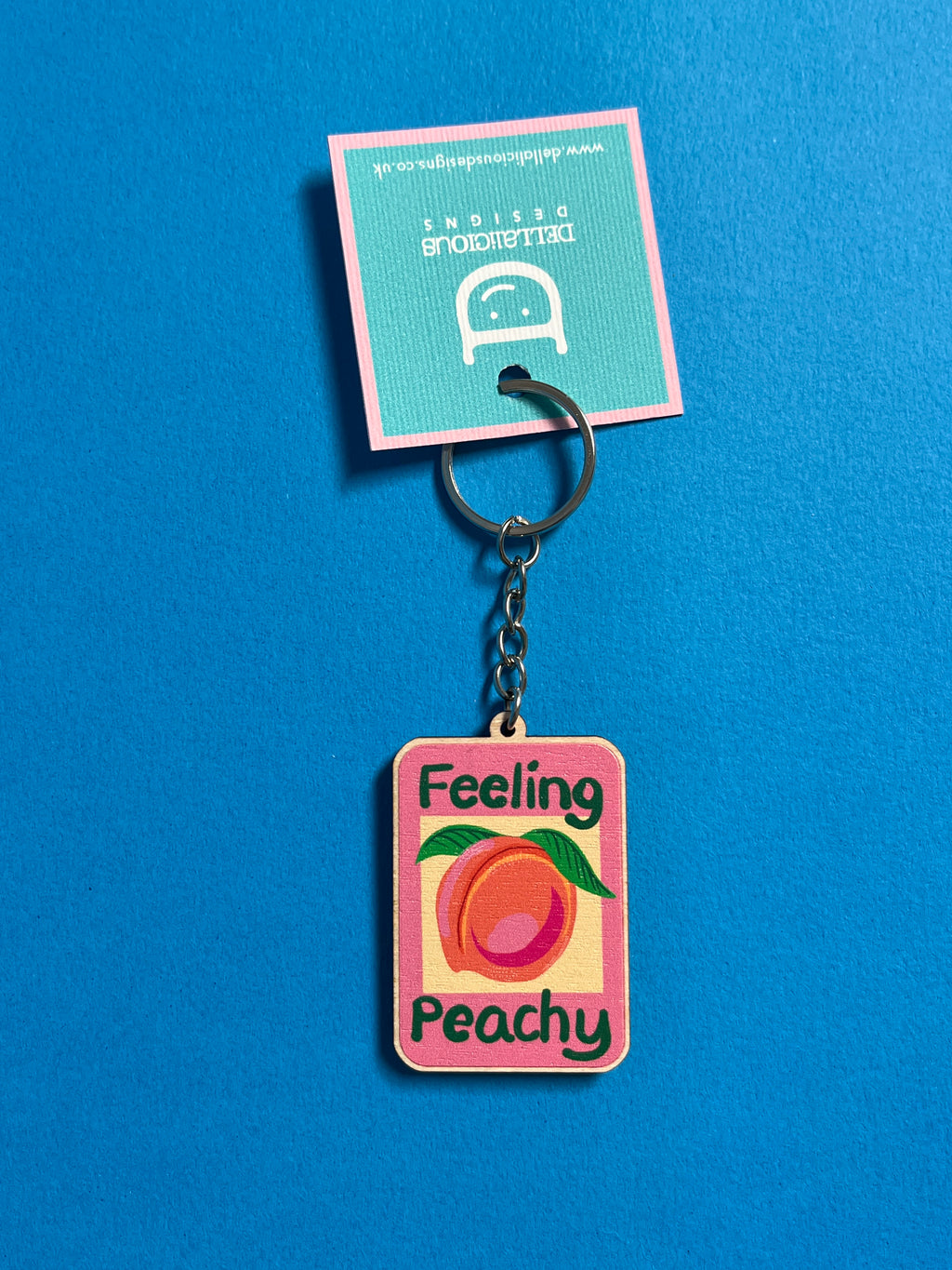 Peach Wooden Keyring – Feeling Peachy Illustrated Design