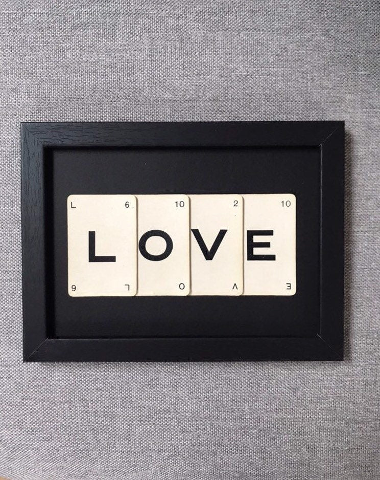 Love wall art made with vintage game cards, Love word Framed
