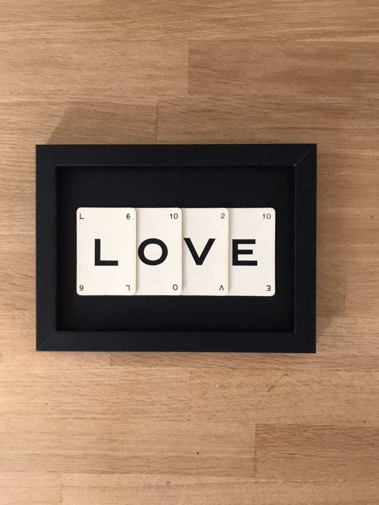 Love wall art made with vintage game cards, Love word Framed