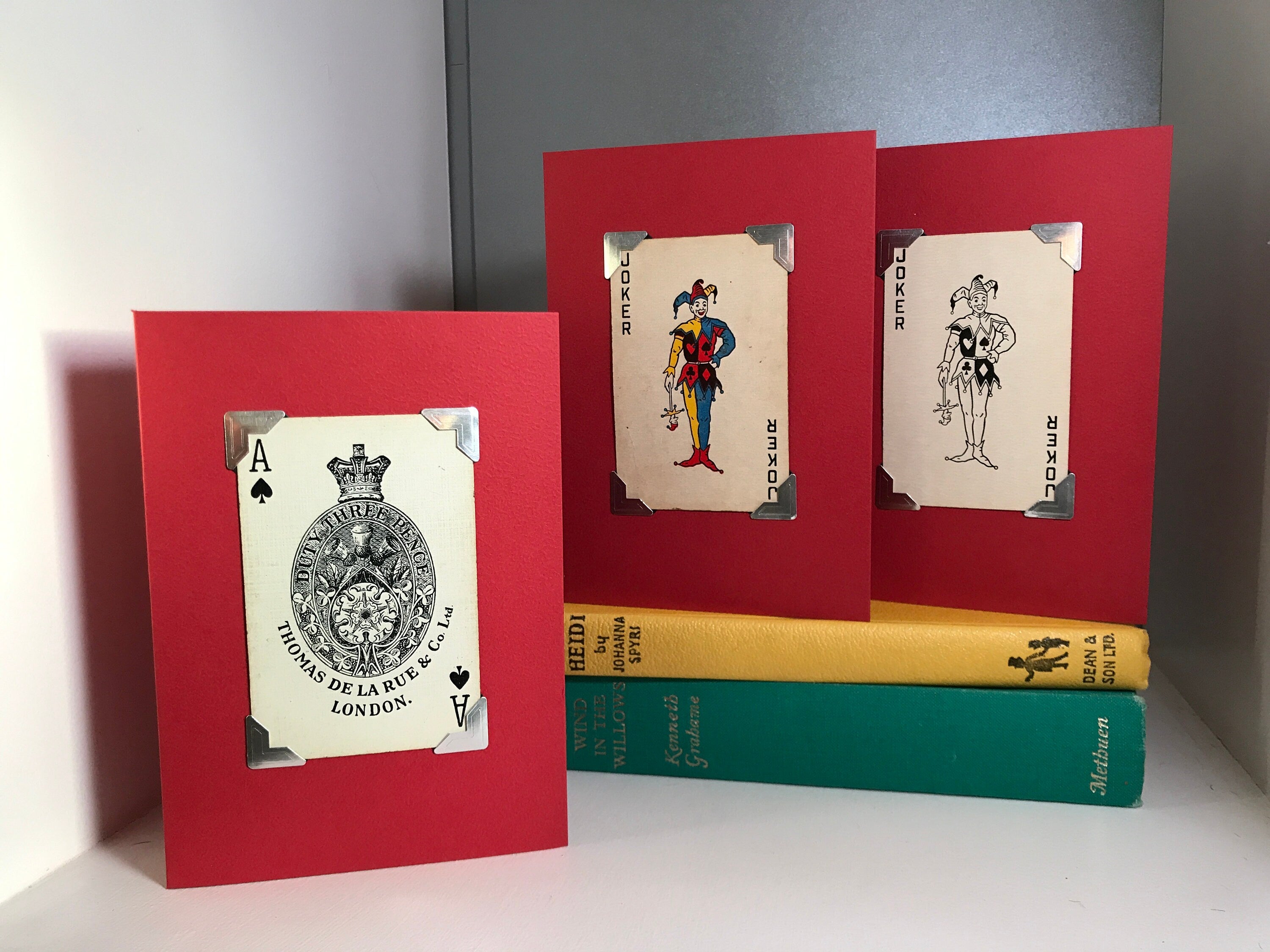 Greeting Cards made with vintage playing cards, Joker card and Decorative Ace