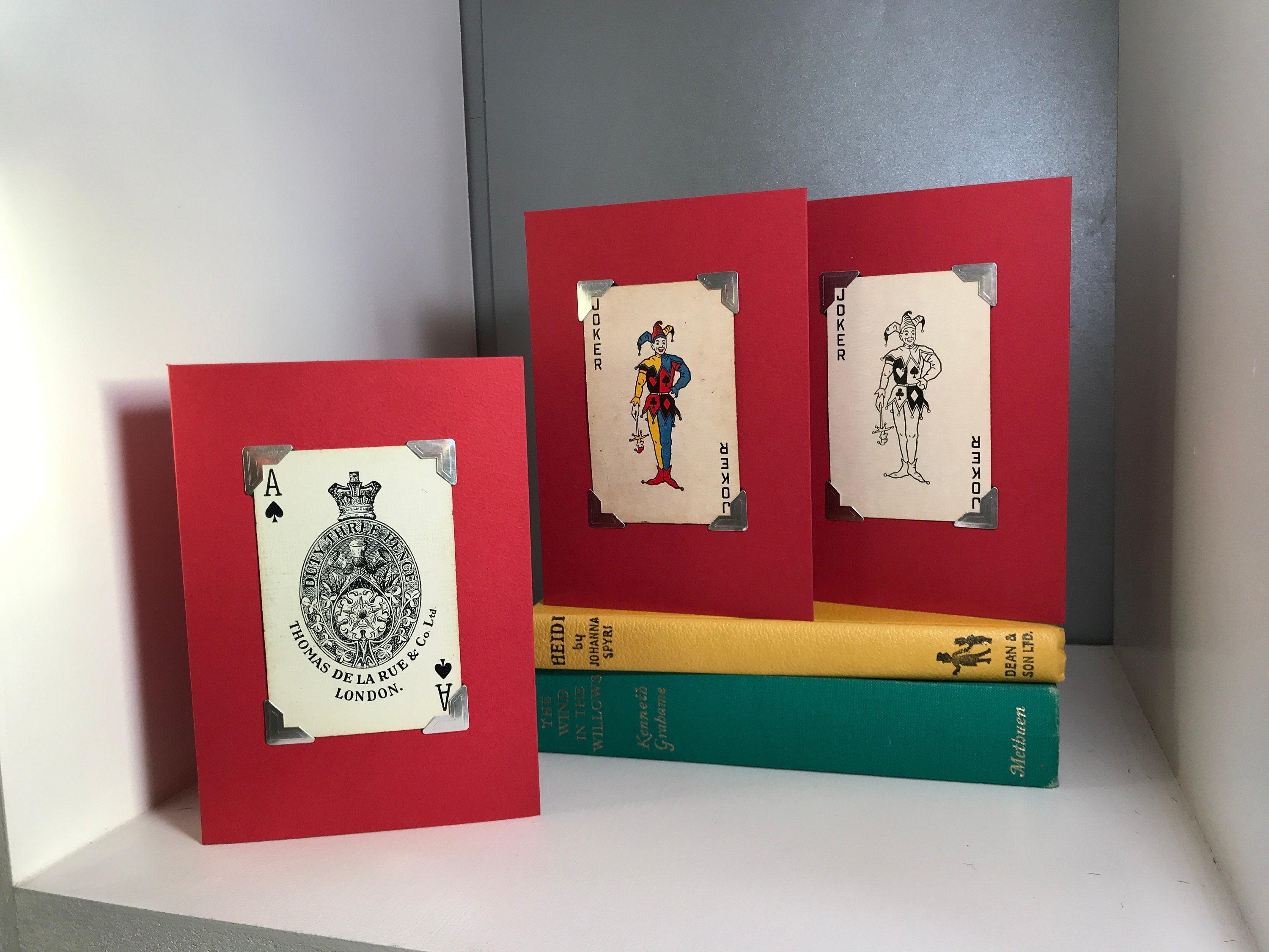 Greeting Cards made with vintage playing cards, Joker card and Decorative Ace