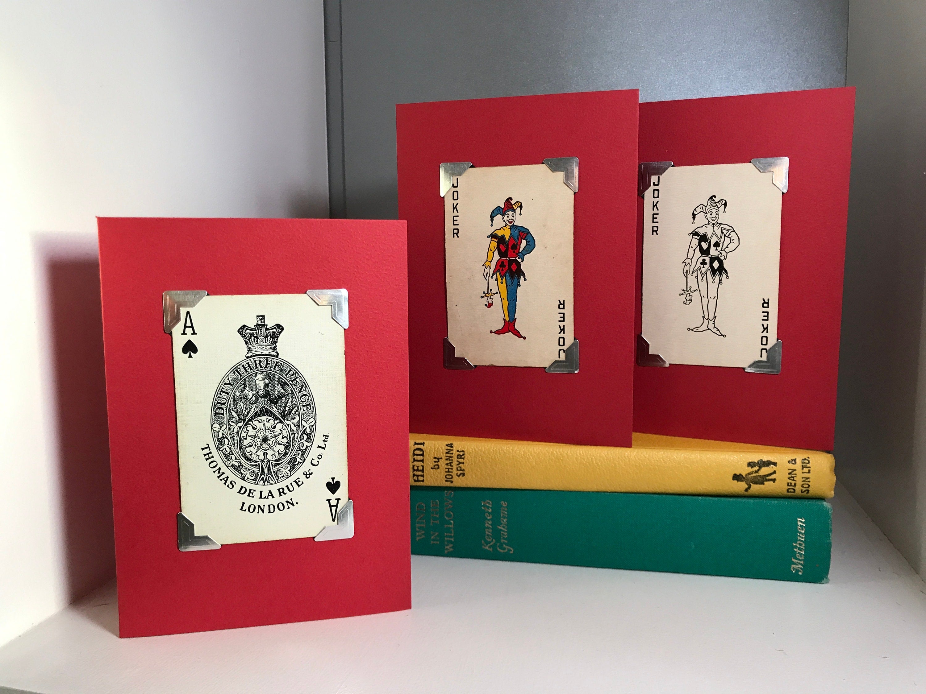 Greeting Cards made with vintage playing cards, Joker card and Decorative Ace