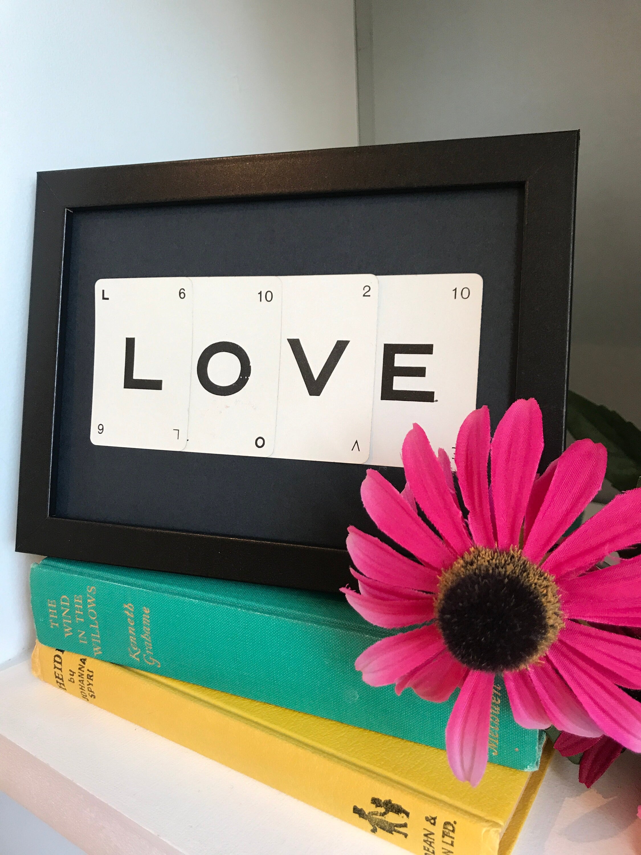 Love wall art made with vintage game cards, Love word Framed