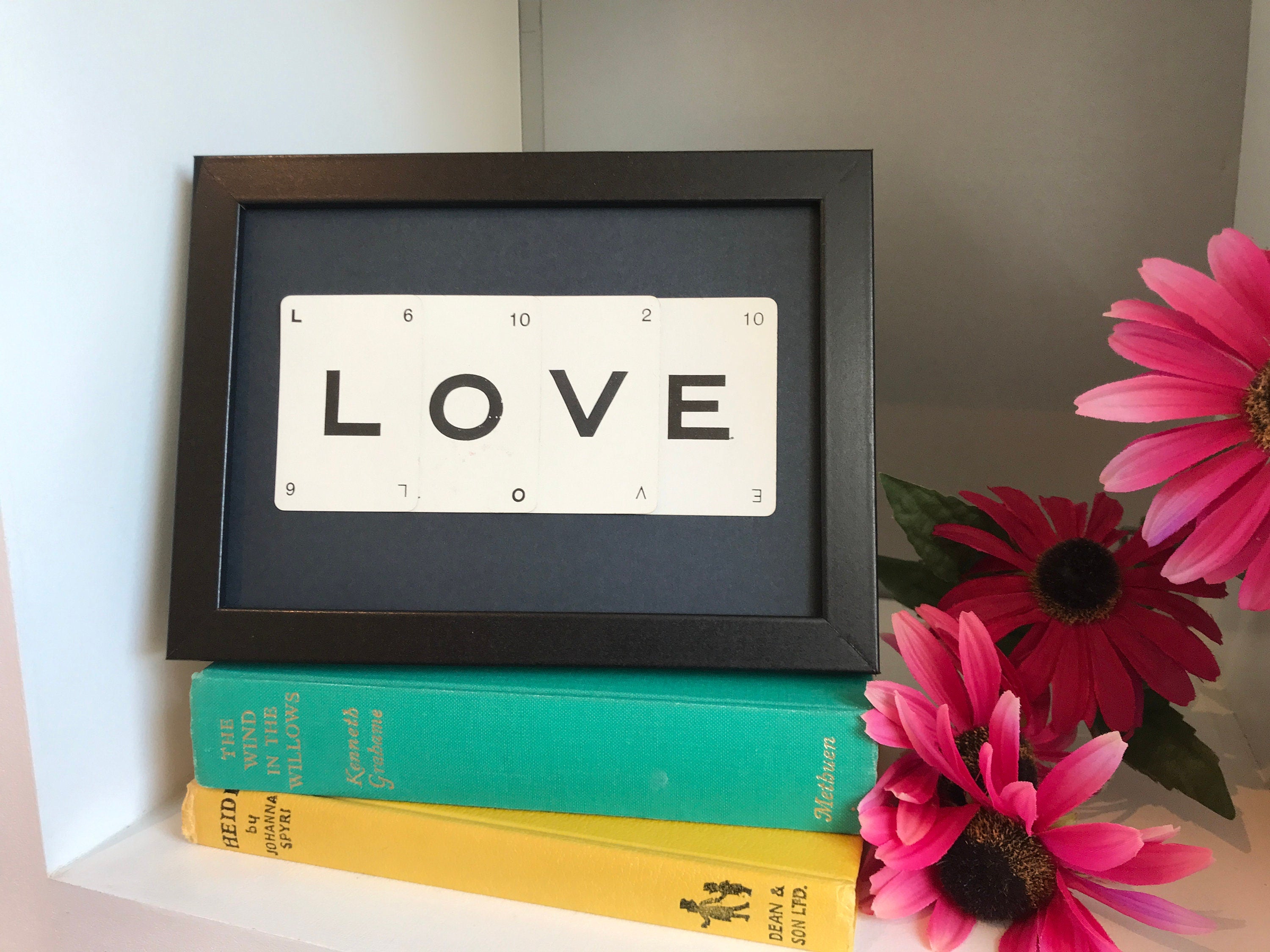 Love wall art made with vintage game cards, Love word Framed