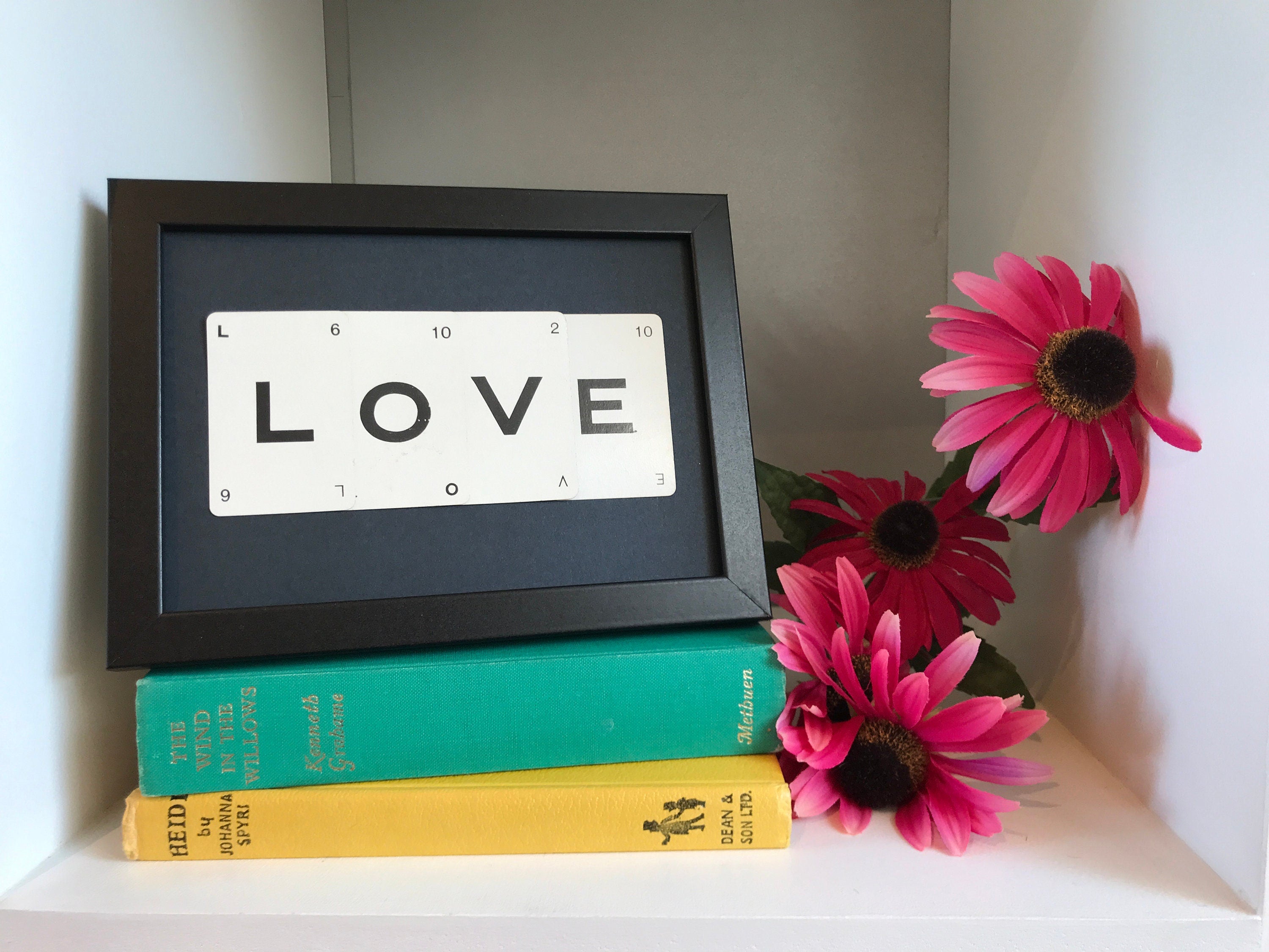 Love wall art made with vintage game cards, Love word Framed