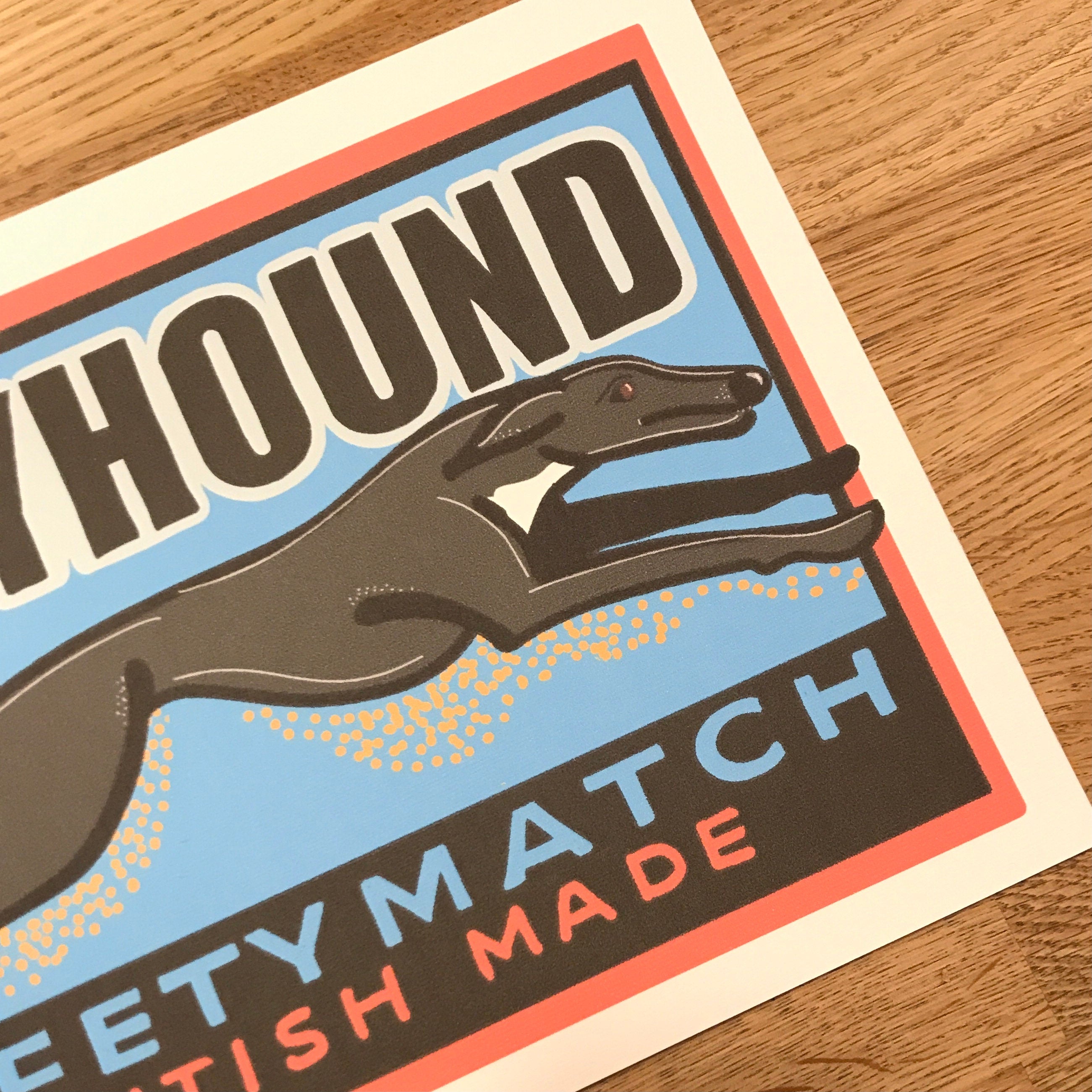 Vintage style Greyhound Art Print, Inspired by vintage matchbox labels, A4, Unframed
