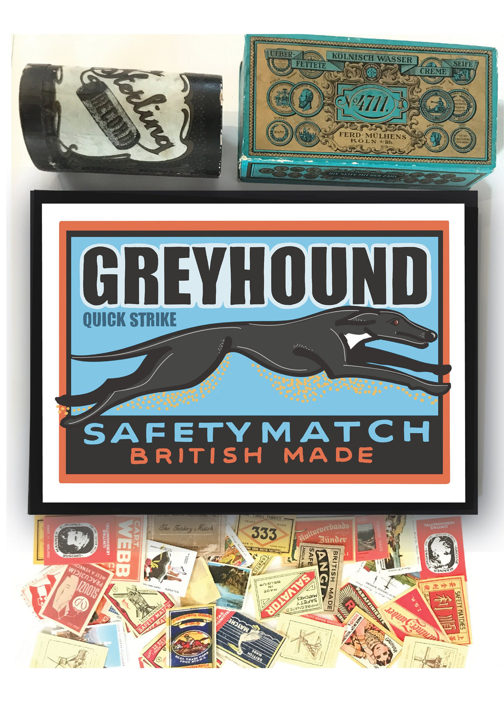 Vintage style Greyhound Art Print, Inspired by vintage matchbox labels, A4, Unframed