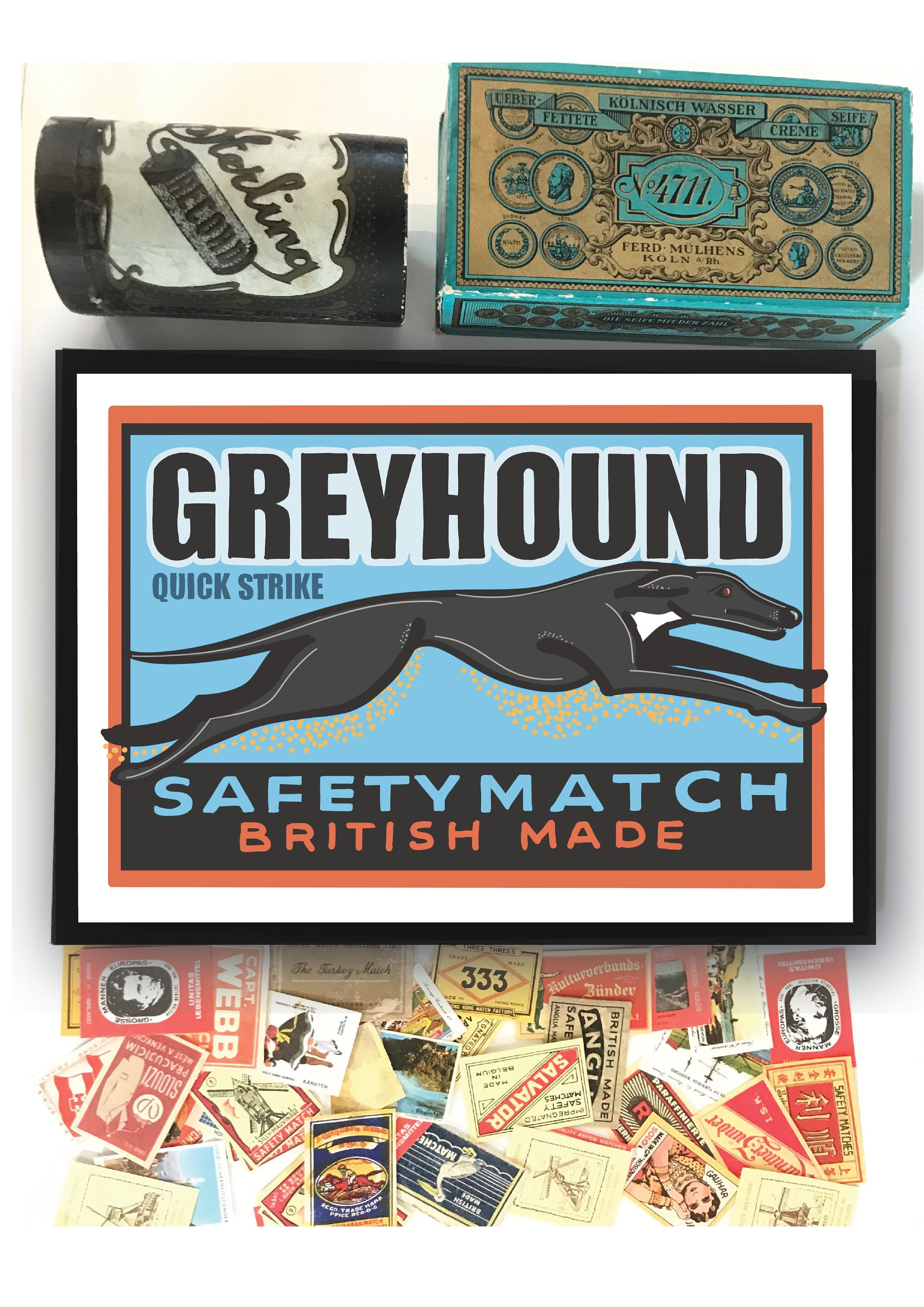 Vintage style Greyhound Art Print, Inspired by vintage matchbox labels, A4, Unframed