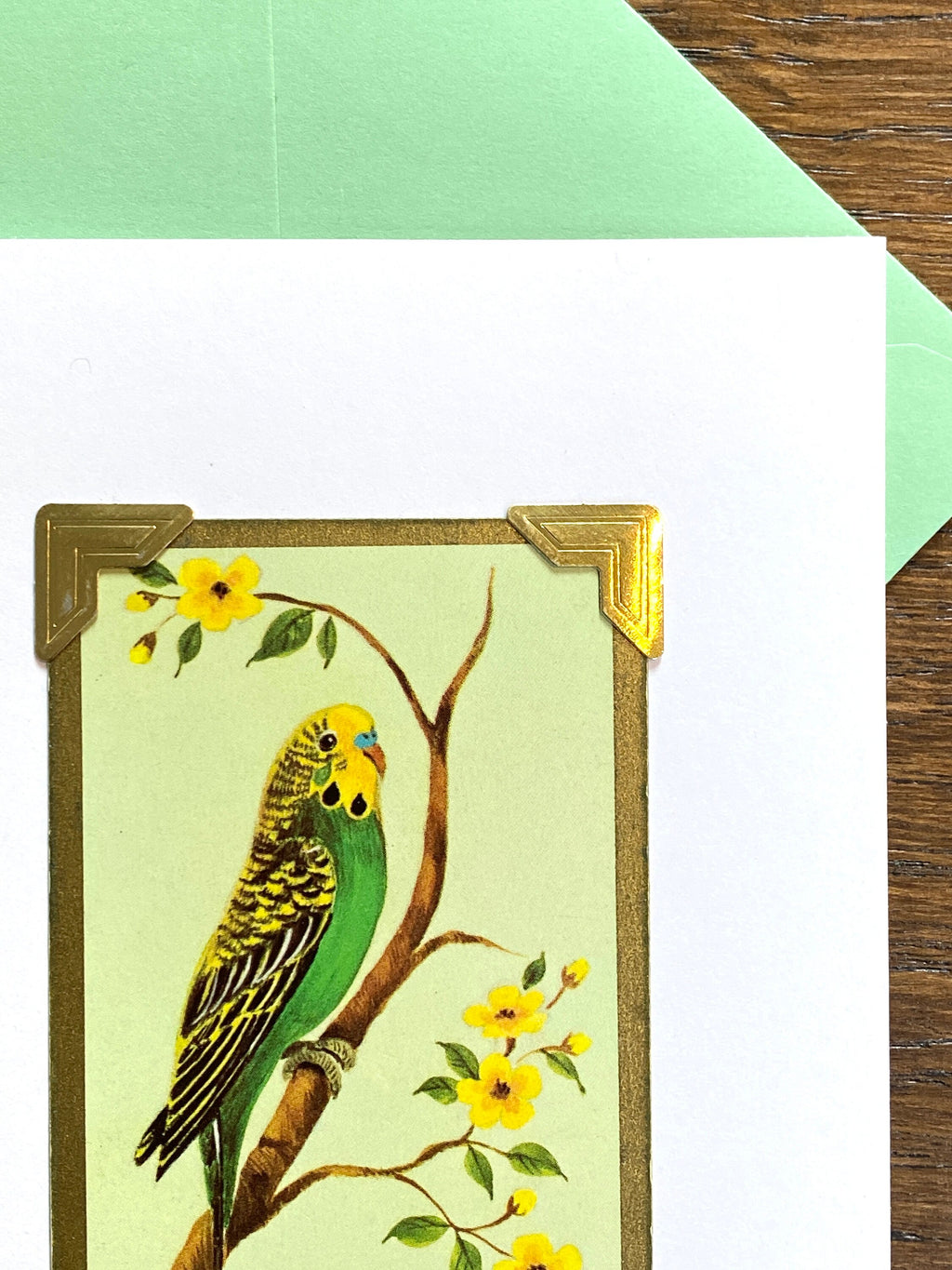Vintage Budgie Playing Card Greeting Card: Handmade Retro Bird Art
