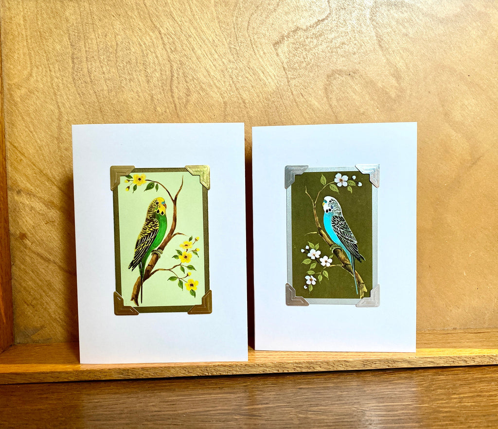 Vintage Budgie Playing Card Greeting Card: Handmade Retro Bird Art