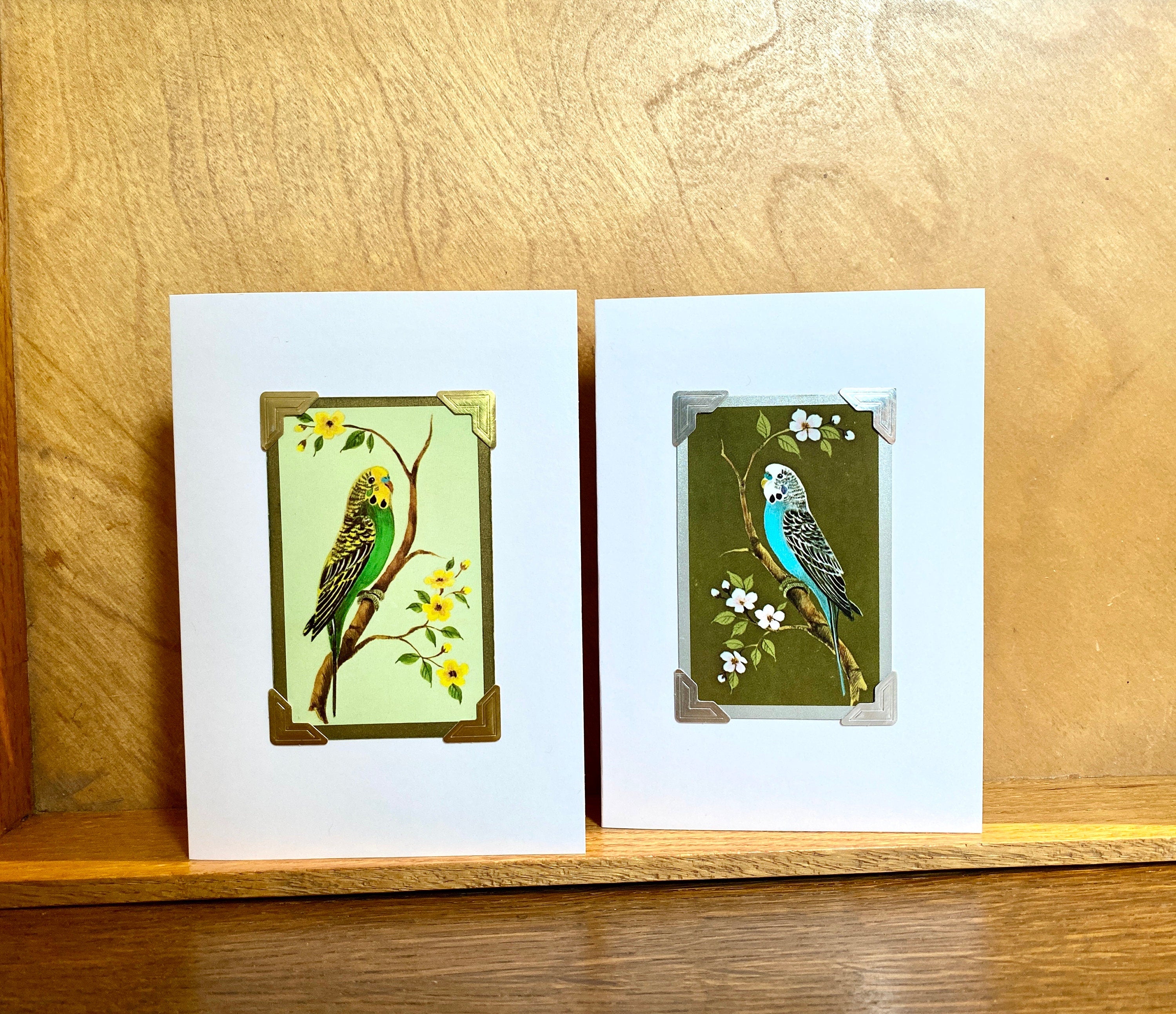 Vintage Budgie Playing Card Greeting Card: Handmade Retro Bird Art
