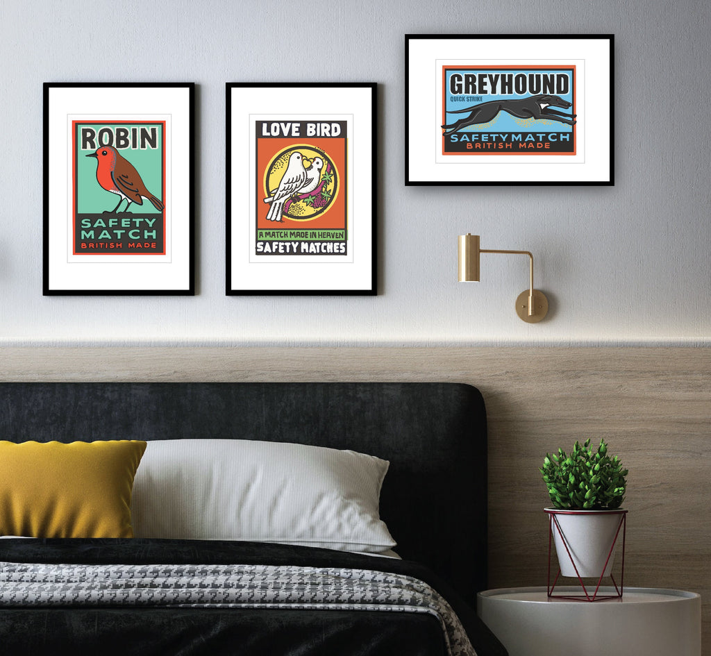 Vintage style Greyhound Art Print, Inspired by vintage matchbox labels, A4, Unframed