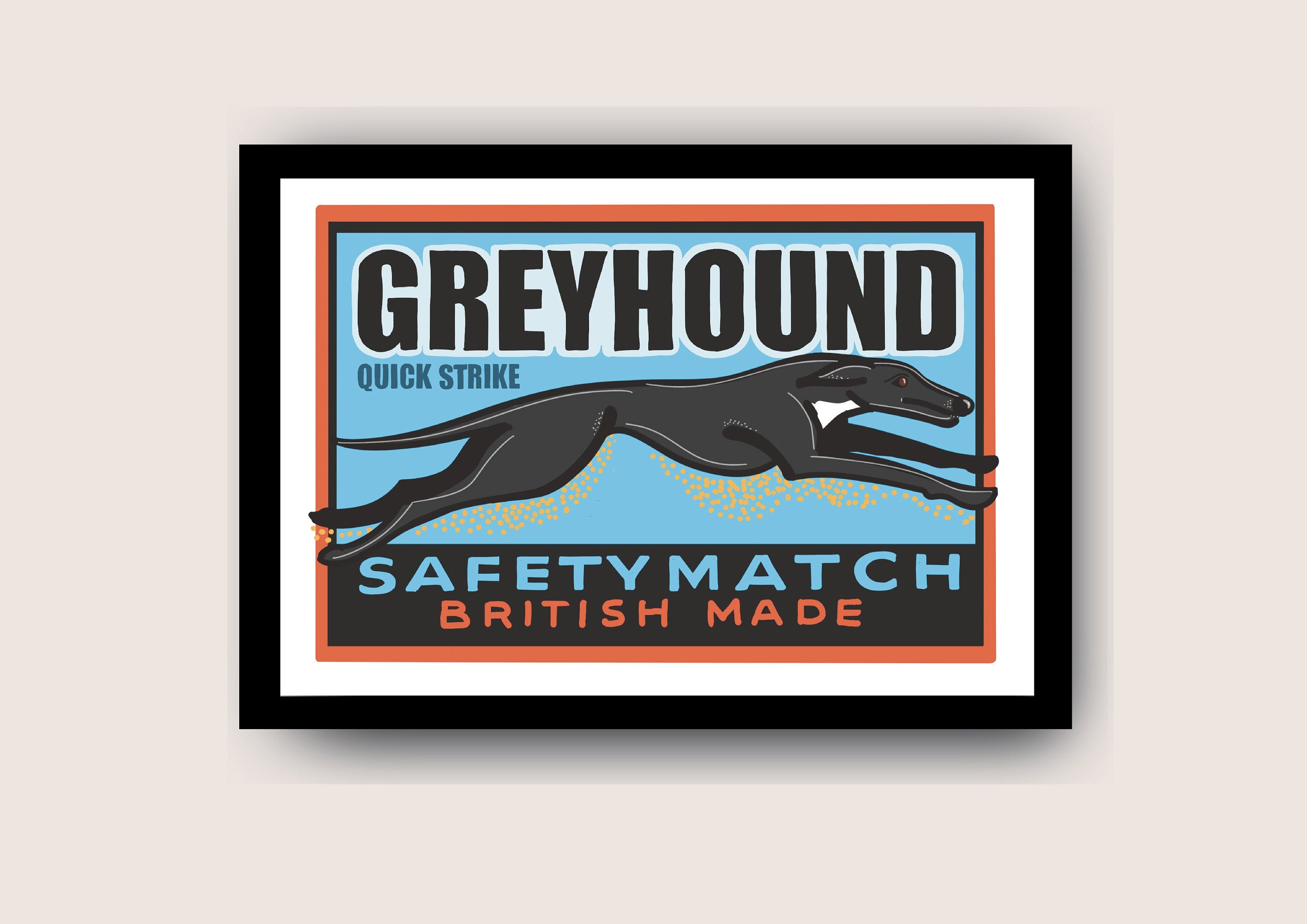 Vintage style Greyhound Art Print, Inspired by vintage matchbox labels, A4, Unframed