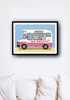 A framed illustration of a pink ice cream truck on a light blue background. The truck has a white roof and windows displaying various ice cream flavors. The words 'Delicious' and 'Ice Cream' are prominently displayed on the truck. Two ice cream cones are shown on top of the truck. The sun is depicted on the side of the truck. The overall style is playful and whimsical, suitable for children's decor.