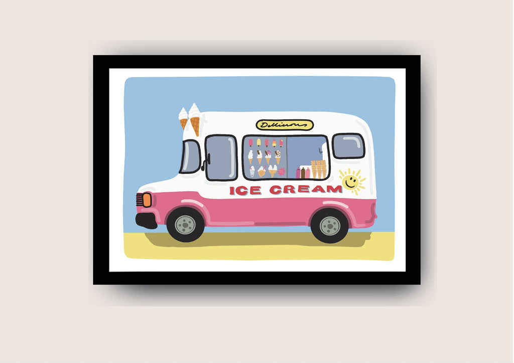 A framed illustration of a pink and white ice cream van on a light blue background. The truck has the words 'Delicious' and 'Ice Cream' on it.  Ice cream cones are on the roof. The window displays various ice cream flavors. A smiling sun icon is on the side. This is a whimsical illustration perfect for summer or children's decor.