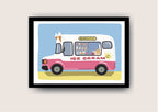 A framed illustration of a pink and white ice cream van on a light blue background. The truck has the words 'Delicious' and 'Ice Cream' on it.  Ice cream cones are on the roof. The window displays various ice cream flavors. A smiling sun icon is on the side. This is a whimsical illustration perfect for summer or children's decor.