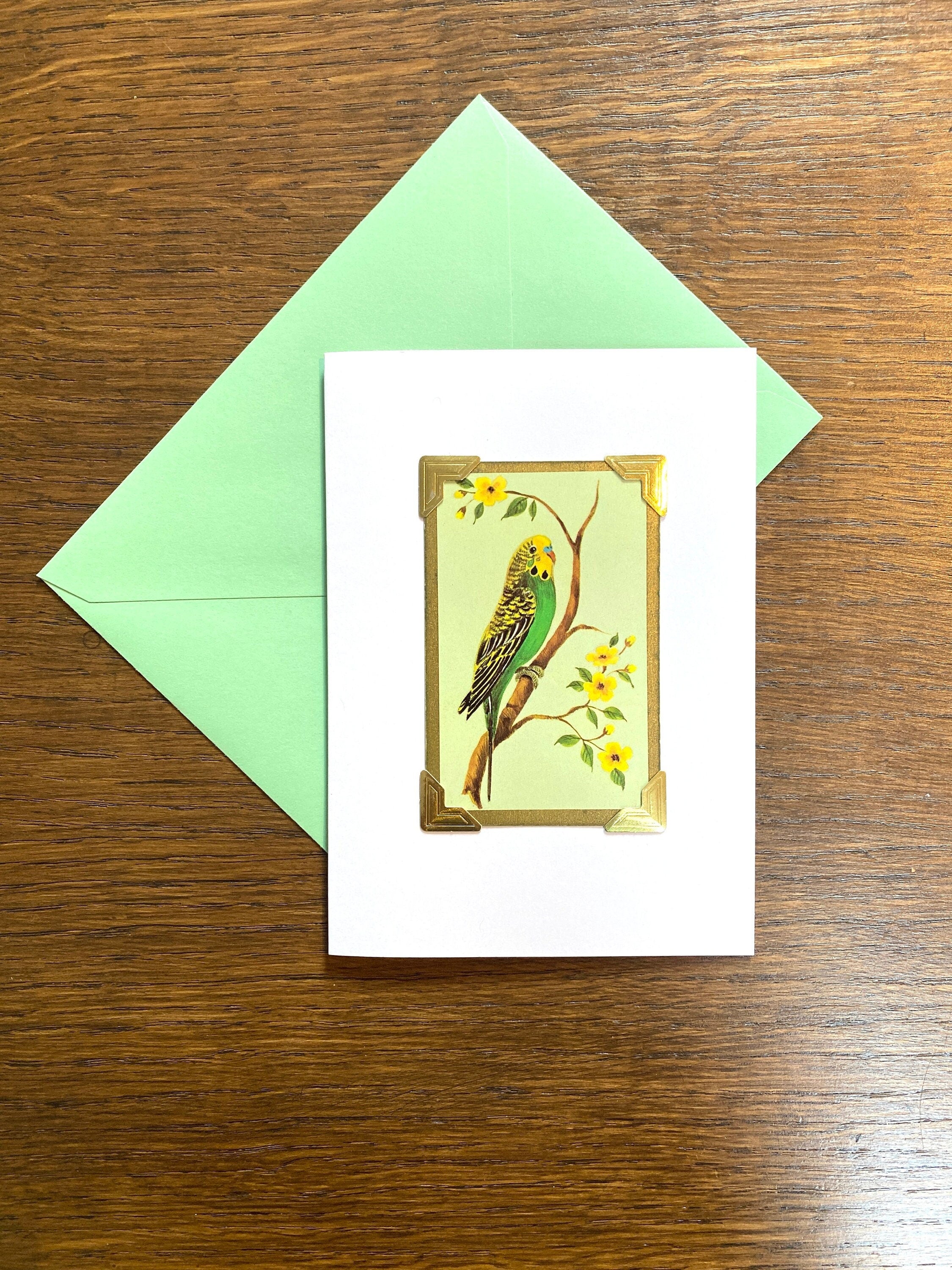 Vintage Budgie Playing Card Greeting Card: Handmade Retro Bird Art