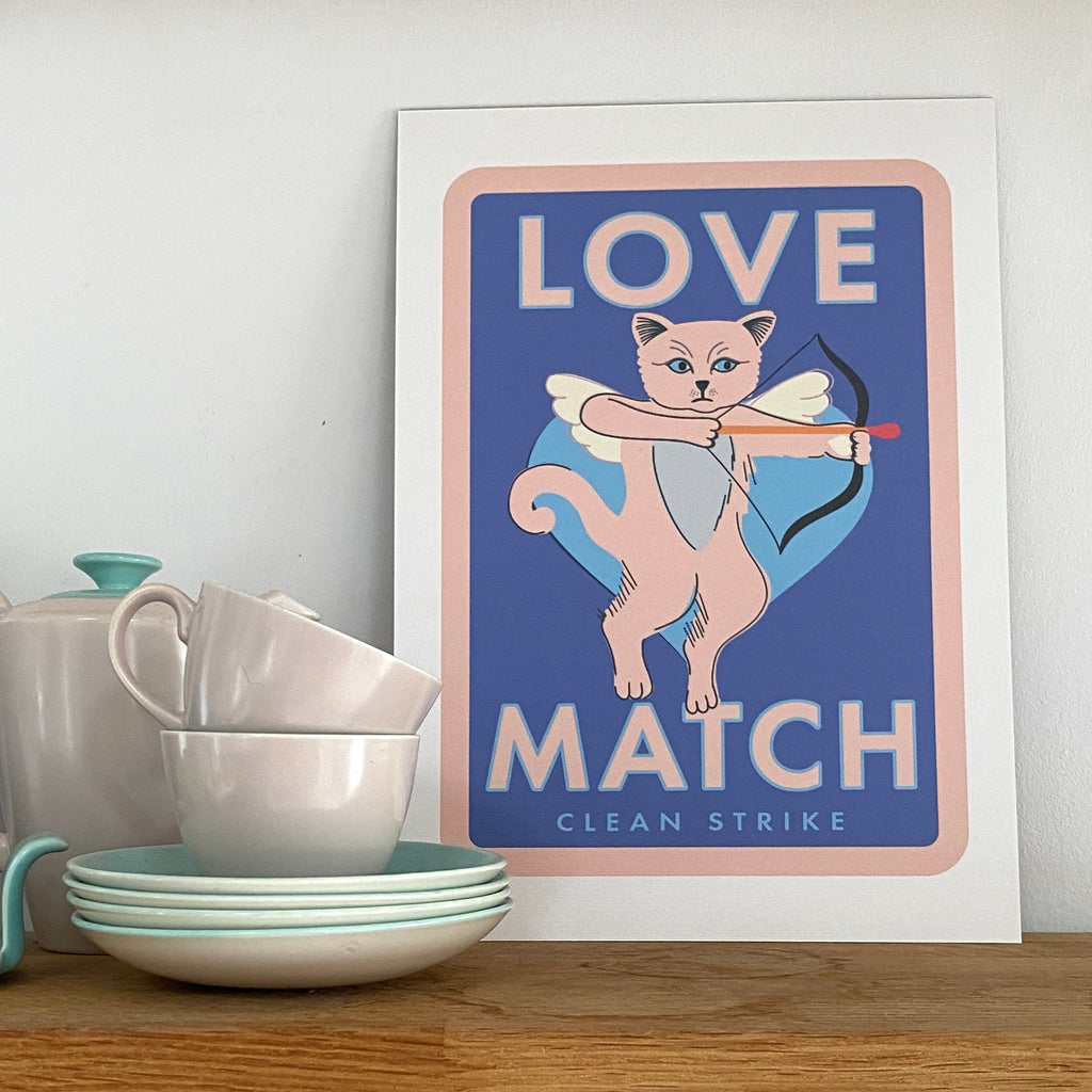 Love match art print: Inspired by vintage matchbox labels, A4 unframed print