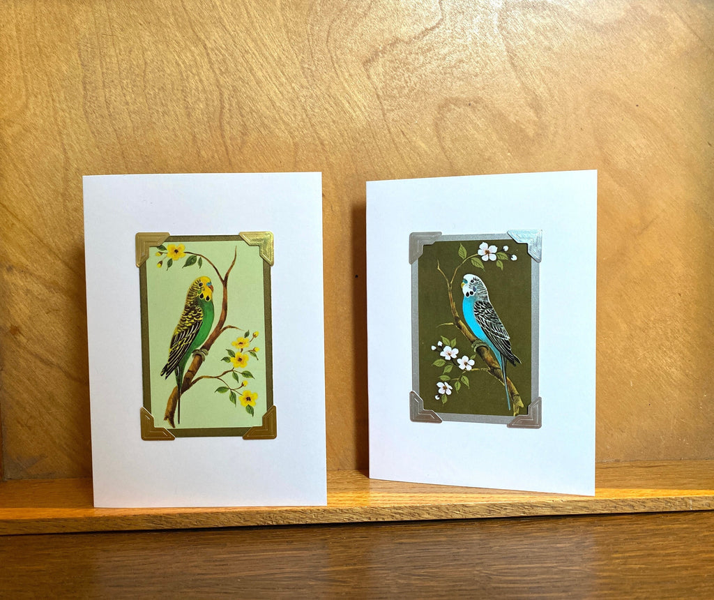 Vintage Budgie Playing Card Greeting Card: Handmade Retro Bird Art