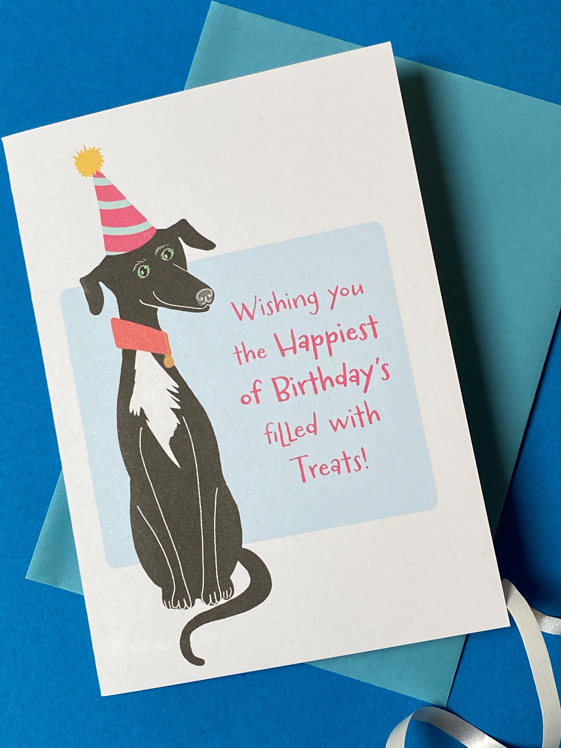 A close up of a birthday card sits on a pale blue envelope on a rich blue background with a curly ribbon. The birthday card has a illustration of a seated black greyhound with a white chest and stripy cone shaped birthday hat. The message on the front reads - Wishing you the happiest of Birthdays filled with treats. The text is in pink on a very light blue background.