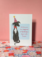 A birthday card sits pink floral shelf against a pink background. The birthday card has a illustration of a seated black greyhound with a white chest and stripy cone shaped birthday hat. The message on the front reads - Wishing you the happiest of Birthdays filled with treats. The text is in pink on a very light blue background.