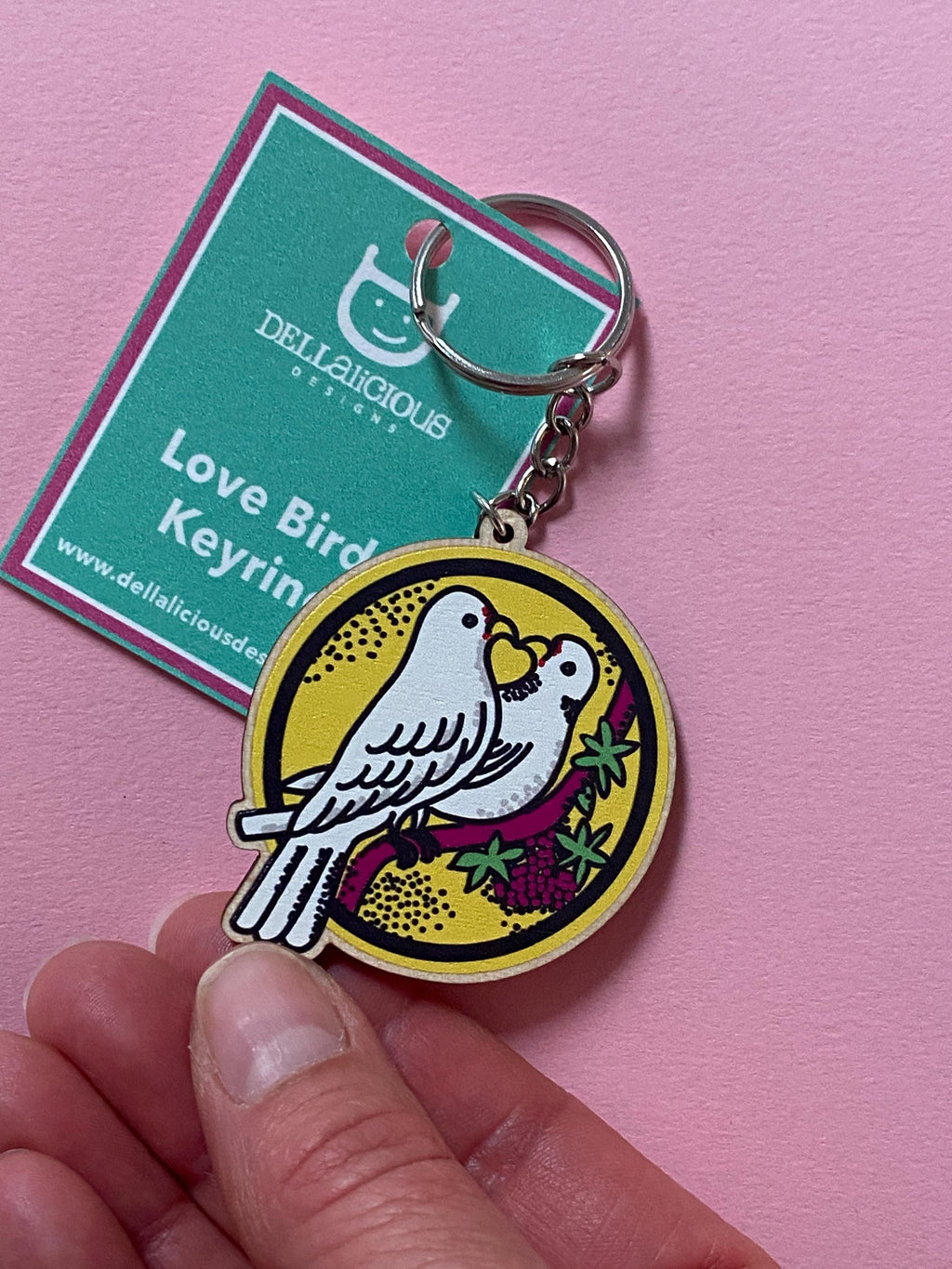 Love Birds Wooden Keyring: Dove Heart Design