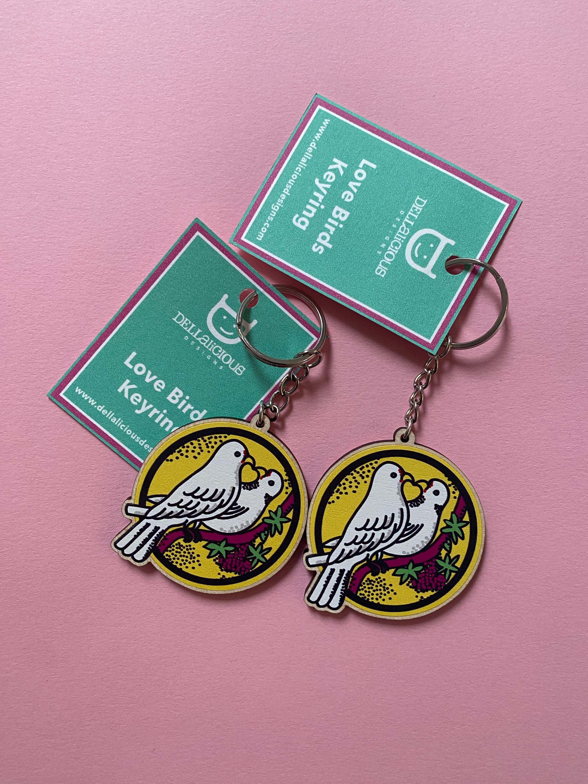 Love Birds Wooden Keyring: Dove Heart Design