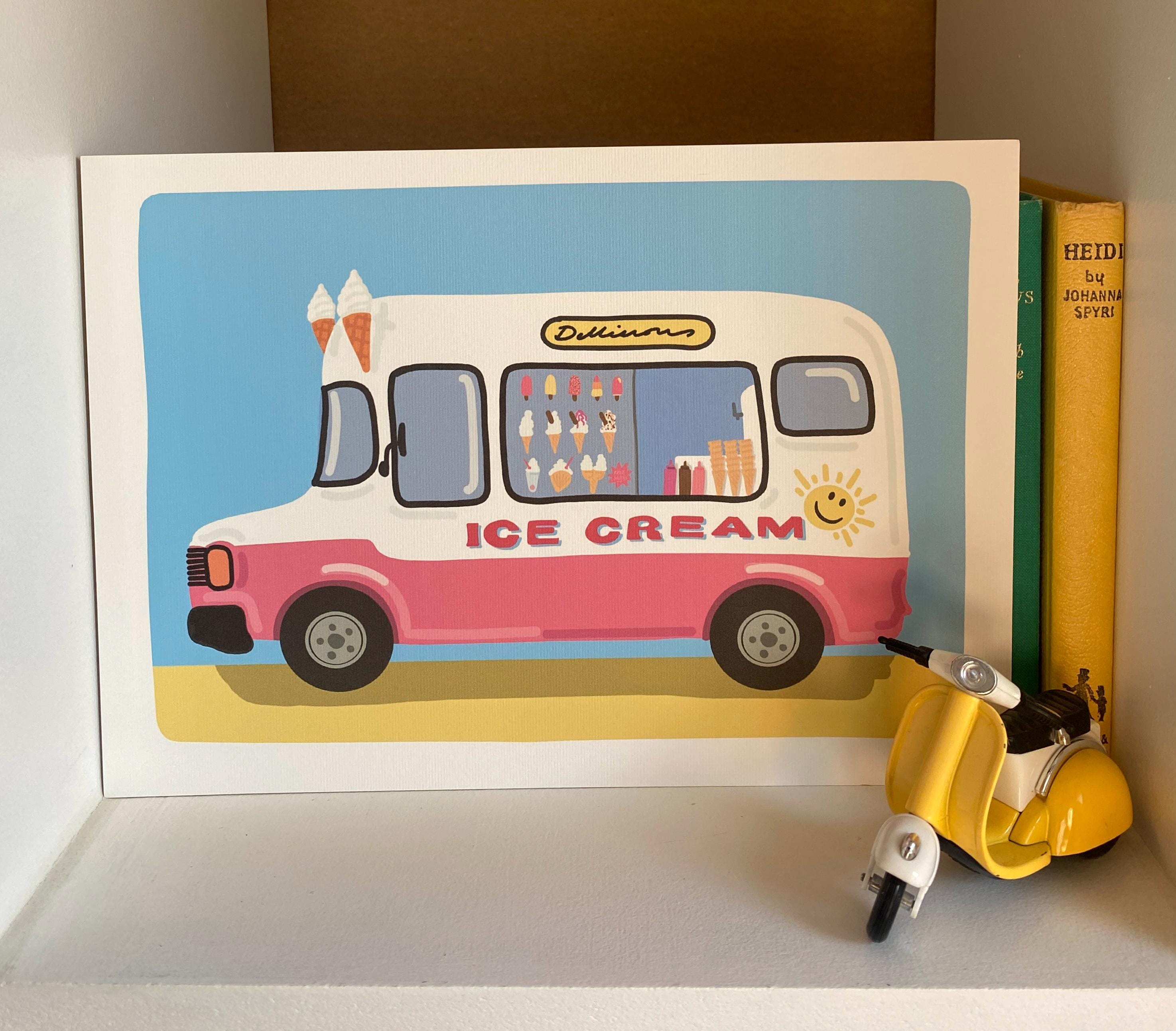 Retro Ice Cream Van Print: Soft pastel seaside colours, Summer Vibes (A4 Unframed)