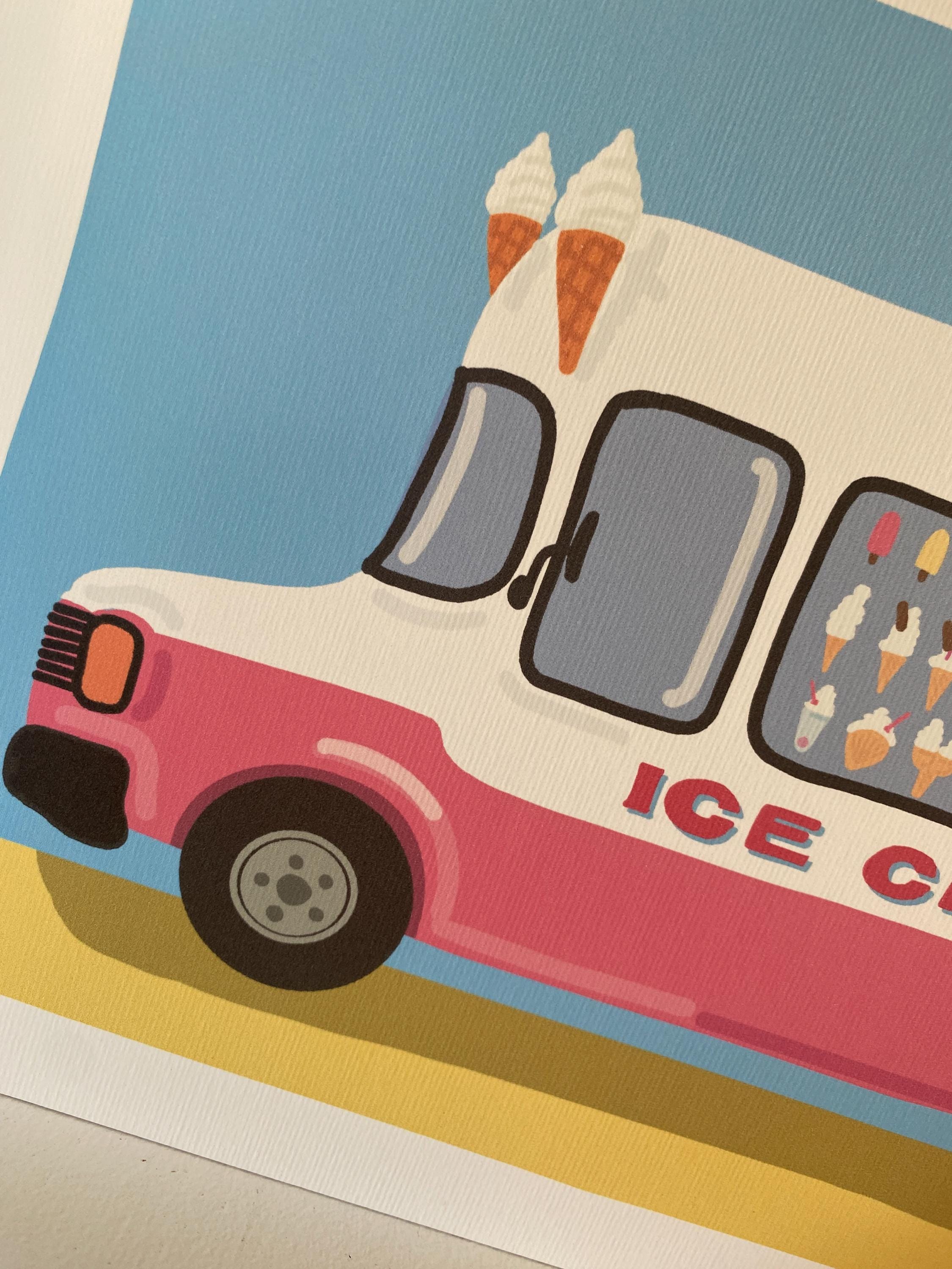 Retro Ice Cream Van Print: Soft pastel seaside colours, Summer Vibes (A4 Unframed)
