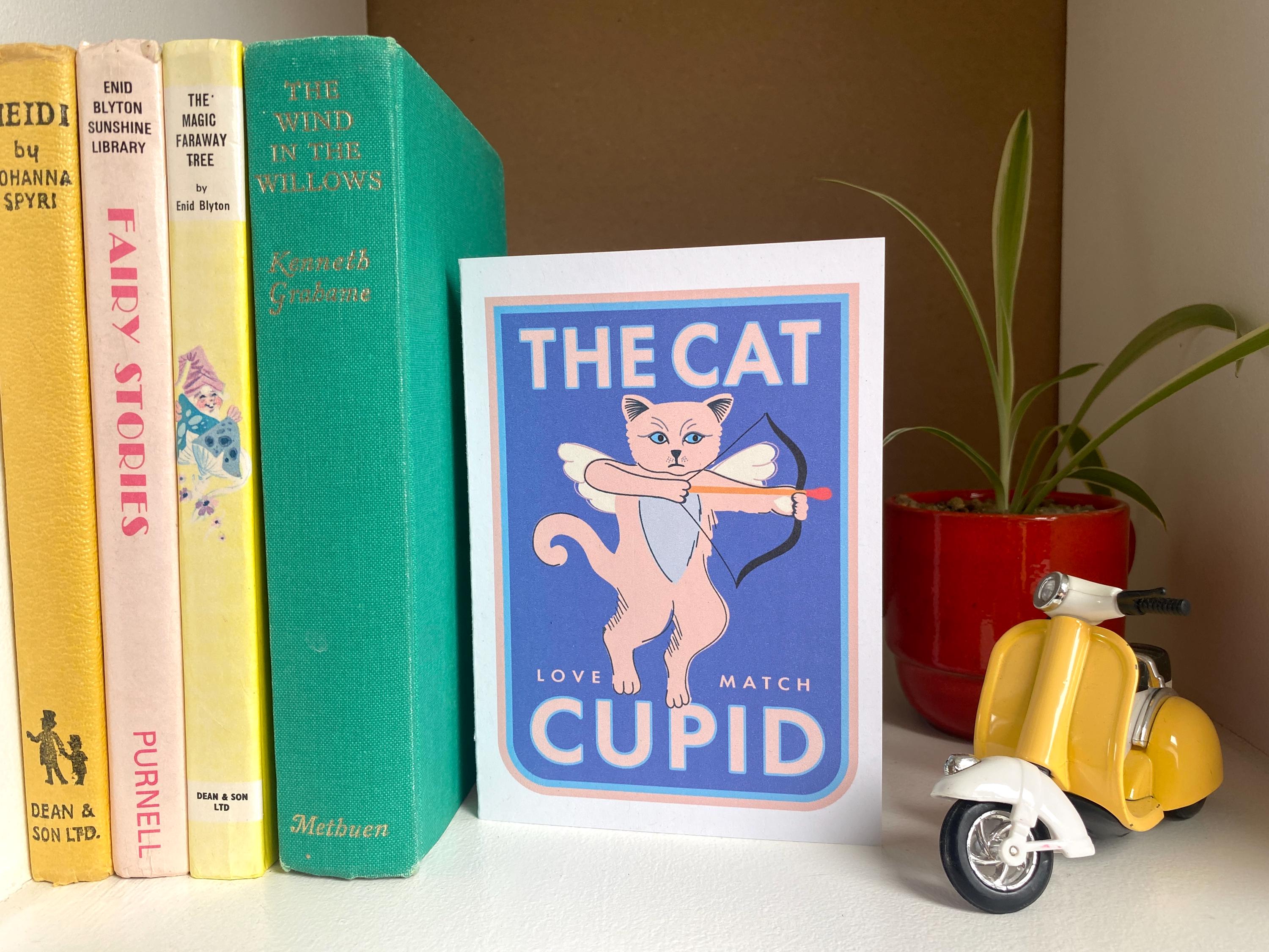 Cat Birthday Card featuring a Quirky Cat Cupid, Love note