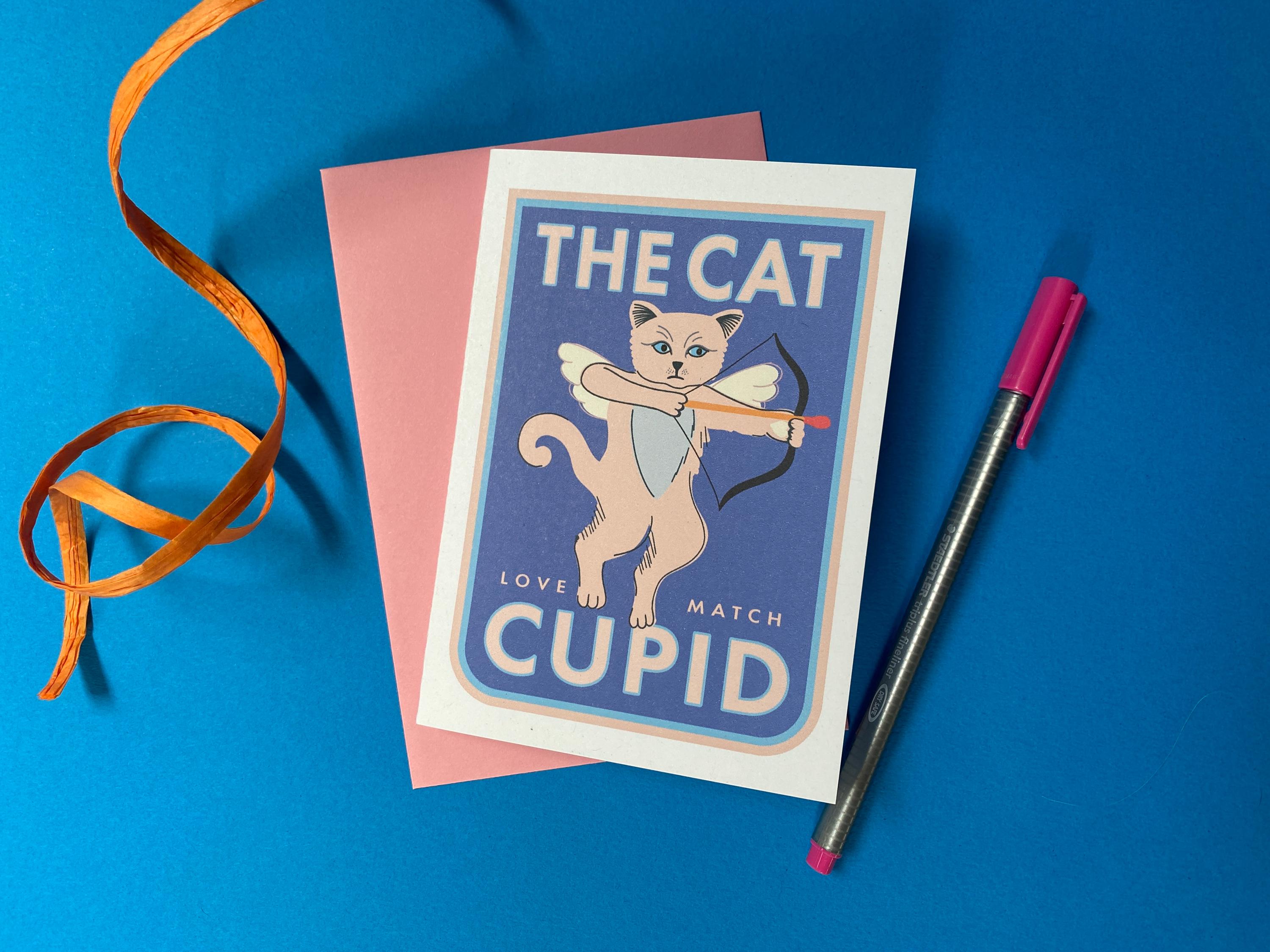 Cat Birthday Card featuring a Quirky Cat Cupid, Love note