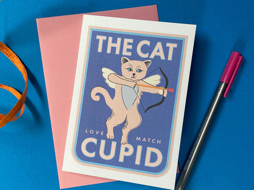 Cat Birthday Card featuring a Quirky Cat Cupid, Love note